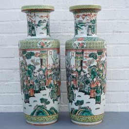 A pair of Chinese famille verte rouleau vases, 19th C.